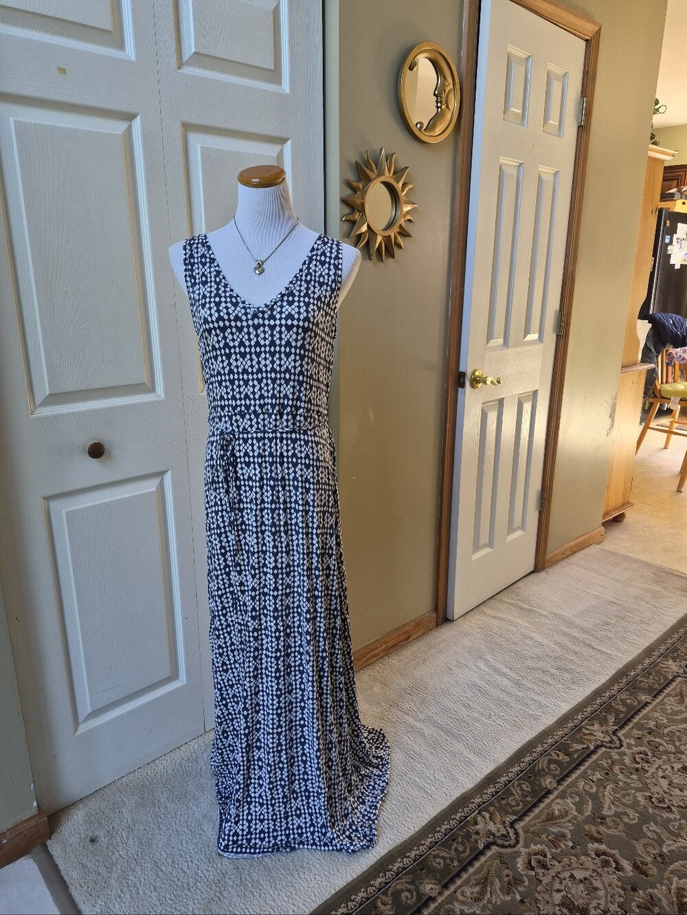LOFT Navy and White Patterned Sleeveless V-Neck Maxi Dress